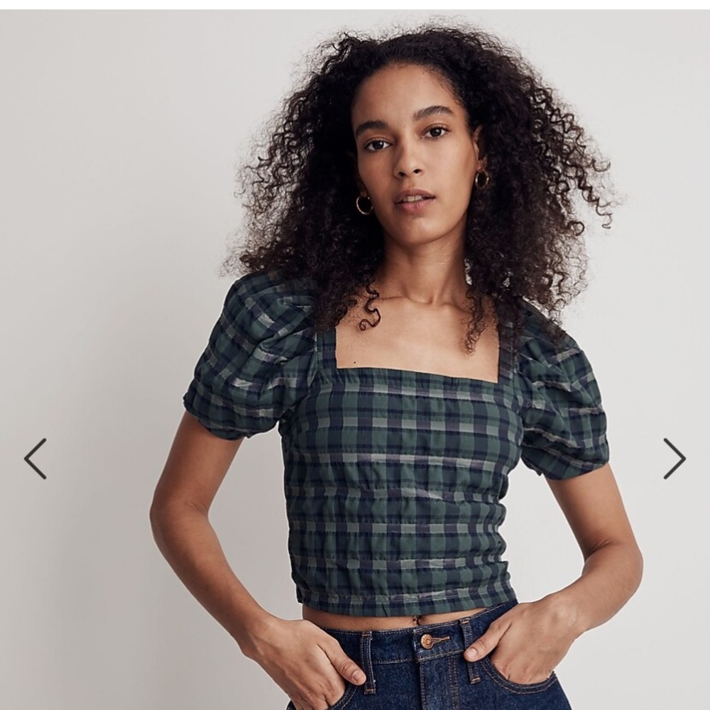 Madewell Hopewell Puff-Sleeved Crop Top in Plaid